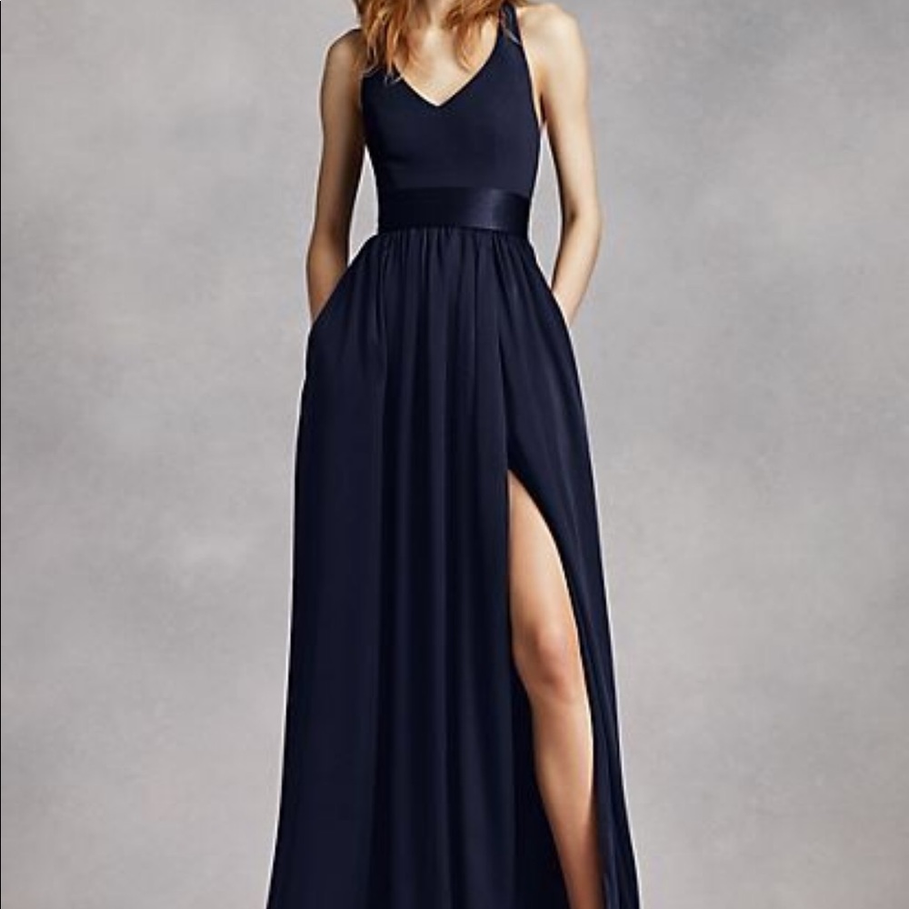V neck halter gown with sash. Vera wang bridesmaid